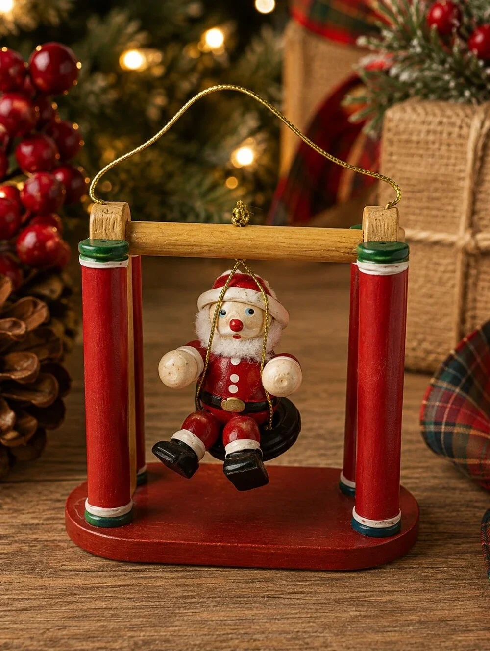 Vintage Style Wooden Santa Tire Swing Christmas Ornament 3.5
